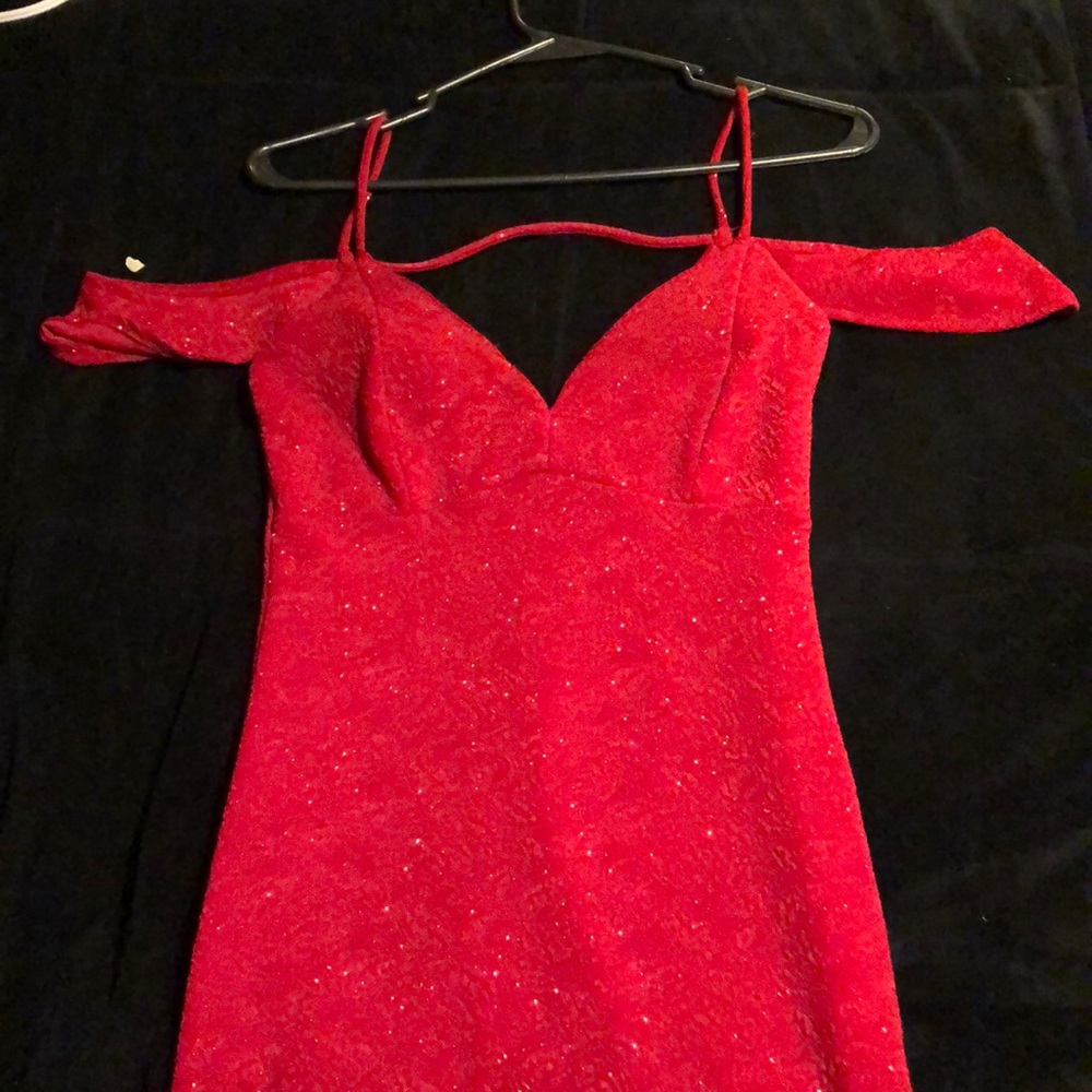 Off shoulder red sparkly dress